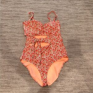 Aerie Red and Pink Floral One-Piece Swimsuit